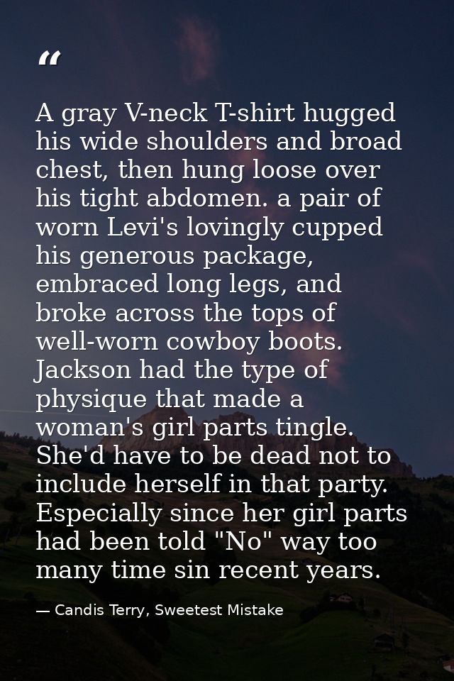 A gray V-neck T-shirt hugged his wide shoulders and broad chest, then hung loose over his tight abdomen. a pair of worn  — Candis Terry, Sweetest Mistake