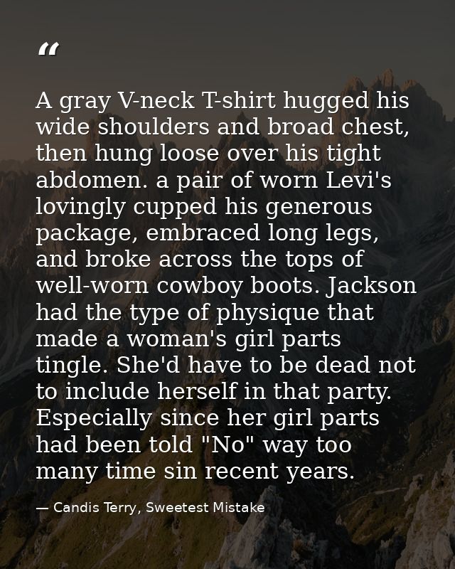 A gray V-neck T-shirt hugged his wide shoulders and broad chest, then hung loose over his tight abdomen. a pair of worn  — Candis Terry, Sweetest Mistake