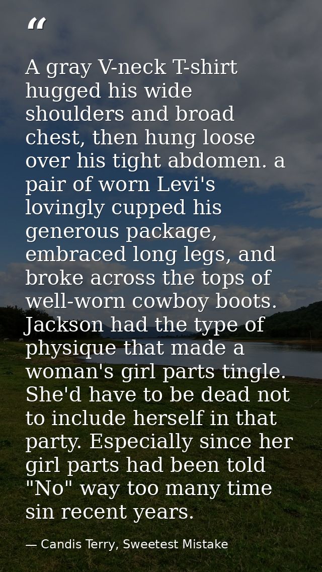 A gray V-neck T-shirt hugged his wide shoulders and broad chest, then hung loose over his tight abdomen. a pair of worn  — Candis Terry, Sweetest Mistake