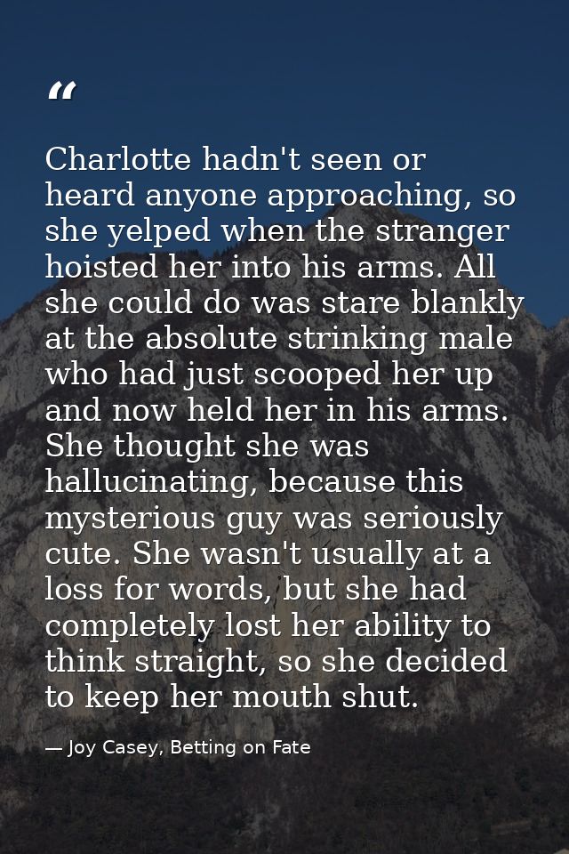Charlotte hadn't seen or heard anyone approaching, so she yelped when the stranger hoisted her into his arms. All she co — Joy Casey, Betting on Fate