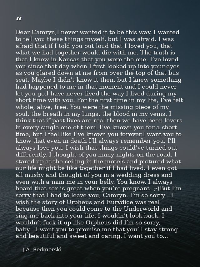 Dear Camryn,I never wanted it to be this way. I wanted to tell you these things myself, but I was afraid. I was afraid t — J.A. Redmerski