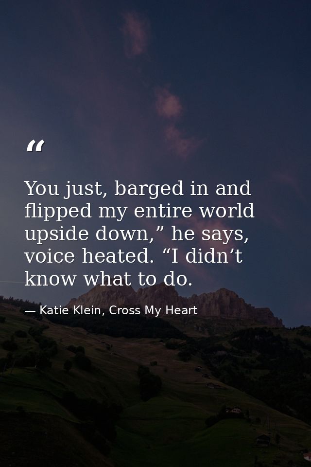 You just, barged in and flipped my entire world upside down,” he says, voice heated. “I didn’t know what to do. — Katie Klein, Cross My Heart