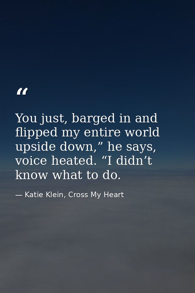 You just, barged in and flipped my entire world upside down,” he says, voice heated. “I didn’t know what to do. — Katie Klein, Cross My Heart