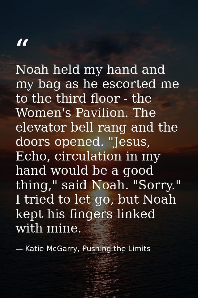 Noah held my hand and my bag as he escorted me to the third floor - the Women's Pavilion. The elevator bell rang and the — Katie McGarry, Pushing the Limits
