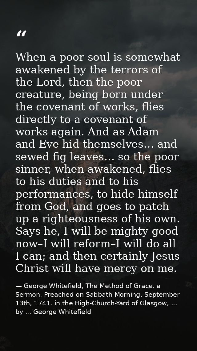 When a poor soul is somewhat awakened by the terrors of the Lord, then the poor creature, being born under the covenant  — George Whitefield, The Method of Grace. a Sermon, Preached on Sabbath Morning, September 13th, 1741. in the High-Church-Yard of Glasgow, ... by ... George Whitefield