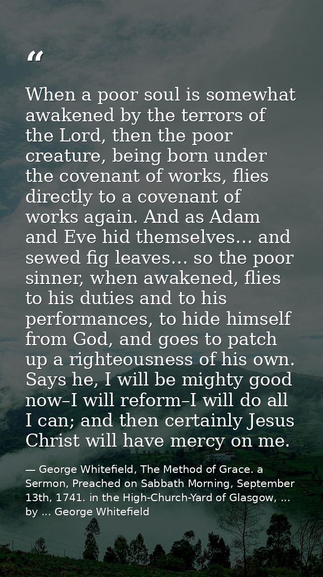 When a poor soul is somewhat awakened by the terrors of the Lord, then the poor creature, being born under the covenant  — George Whitefield, The Method of Grace. a Sermon, Preached on Sabbath Morning, September 13th, 1741. in the High-Church-Yard of Glasgow, ... by ... George Whitefield