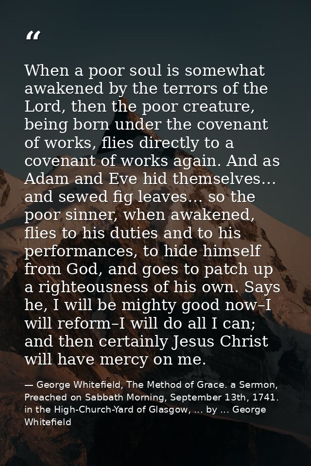 When a poor soul is somewhat awakened by the terrors of the Lord, then the poor creature, being born under the covenant  — George Whitefield, The Method of Grace. a Sermon, Preached on Sabbath Morning, September 13th, 1741. in the High-Church-Yard of Glasgow, ... by ... George Whitefield