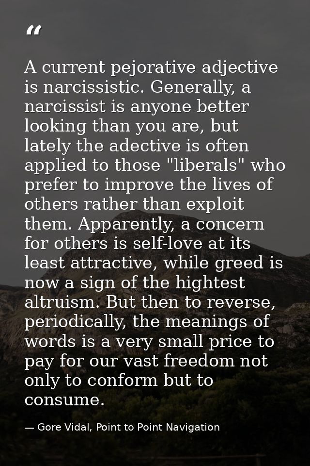 A current pejorative adjective is narcissistic. Generally, a narcissist is anyone better looking than you are, but latel — Gore Vidal, Point to Point Navigation