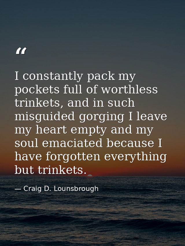 I constantly pack my pockets full of worthless trinkets, and in such misguided gorging I leave my heart empty and my sou — Craig D. Lounsbrough
