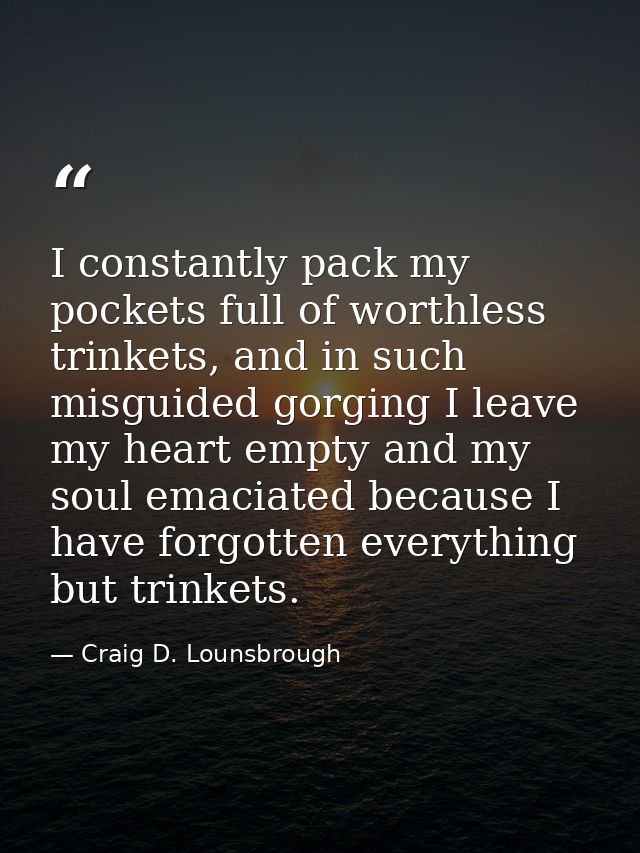I constantly pack my pockets full of worthless trinkets, and in such misguided gorging I leave my heart empty and my sou — Craig D. Lounsbrough