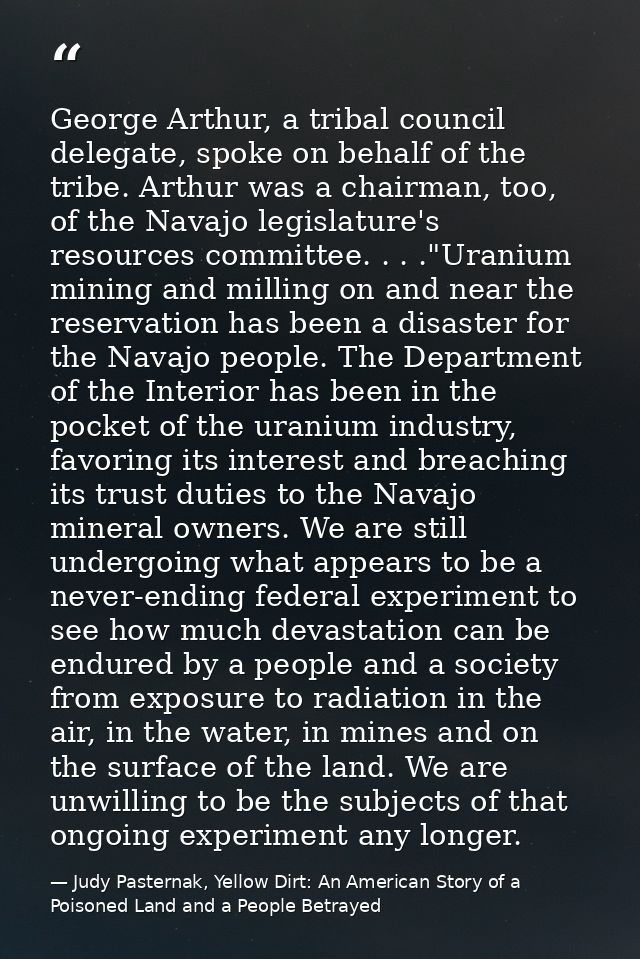 George Arthur, a tribal council delegate, spoke on behalf of the tribe. Arthur was a chairman, too, of the Navajo legisl — Judy Pasternak, Yellow Dirt: An American Story of a Poisoned Land and a People Betrayed
