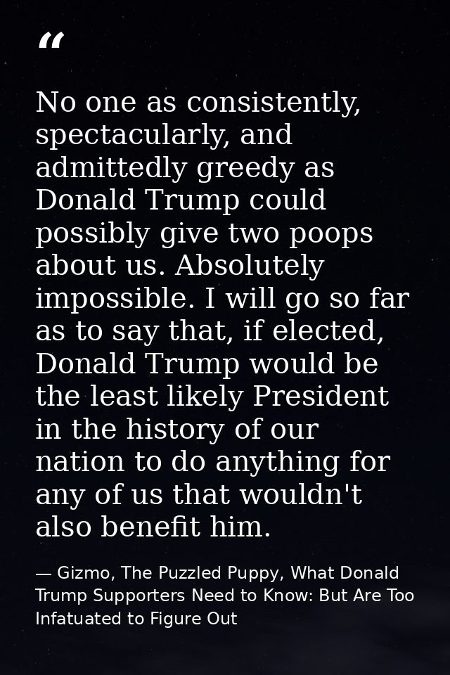 No one as consistently, spectacularly, and admittedly greedy as Donald Trump could possibly give two poops about us. Abs — Gizmo, The Puzzled Puppy, What Donald Trump Supporters Need to Know: But Are Too Infatuated to Figure Out
