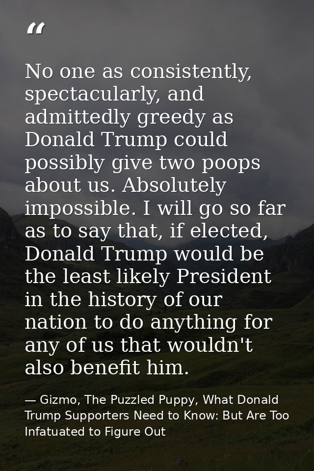No one as consistently, spectacularly, and admittedly greedy as Donald Trump could possibly give two poops about us. Abs — Gizmo, The Puzzled Puppy, What Donald Trump Supporters Need to Know: But Are Too Infatuated to Figure Out