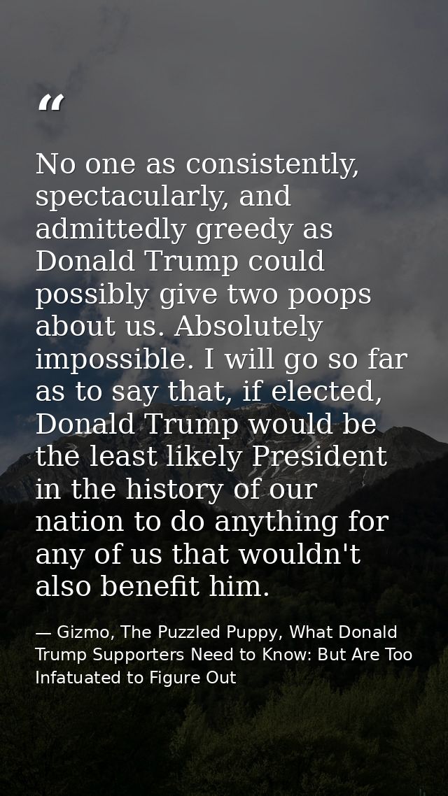 No one as consistently, spectacularly, and admittedly greedy as Donald Trump could possibly give two poops about us. Abs — Gizmo, The Puzzled Puppy, What Donald Trump Supporters Need to Know: But Are Too Infatuated to Figure Out