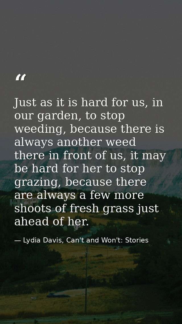 Just as it is hard for us, in our garden, to stop weeding, because there is always another weed there in front of us, it — Lydia Davis, Can't and Won't: Stories
