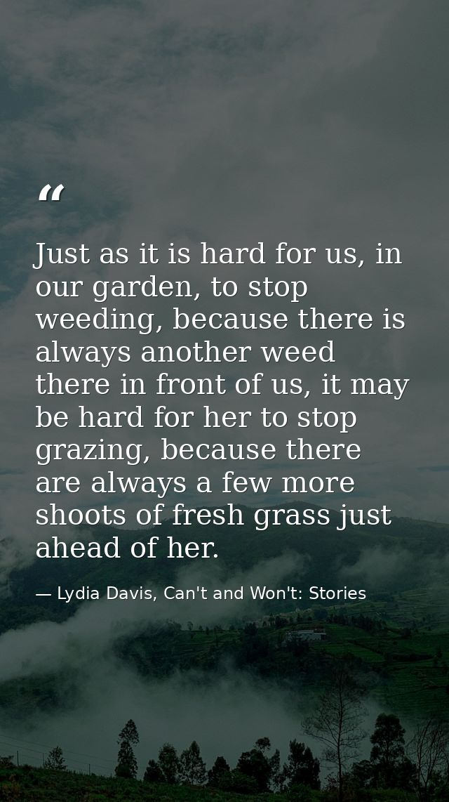 Just as it is hard for us, in our garden, to stop weeding, because there is always another weed there in front of us, it — Lydia Davis, Can't and Won't: Stories