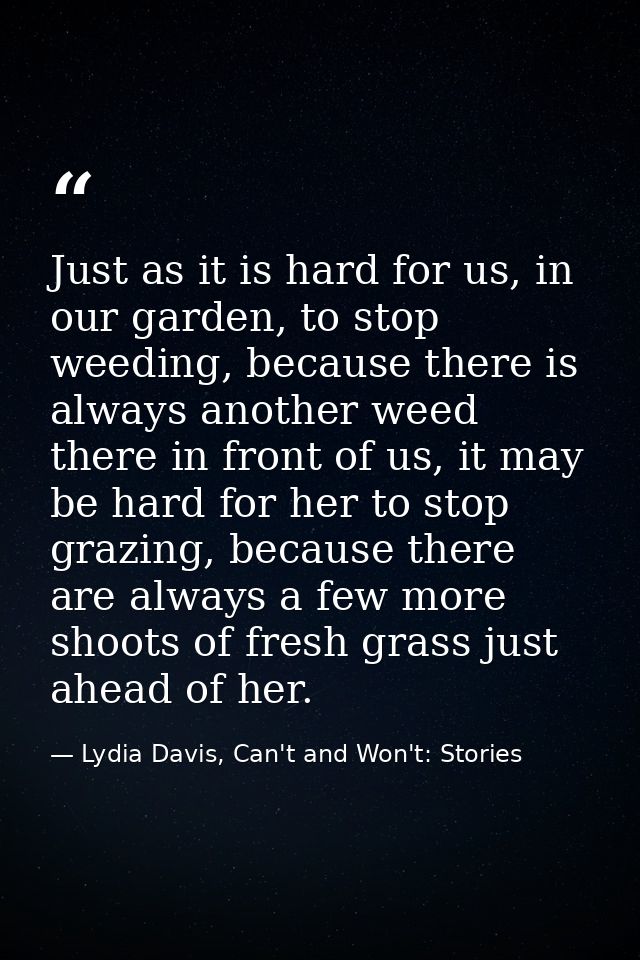 Just as it is hard for us, in our garden, to stop weeding, because there is always another weed there in front of us, it — Lydia Davis, Can't and Won't: Stories