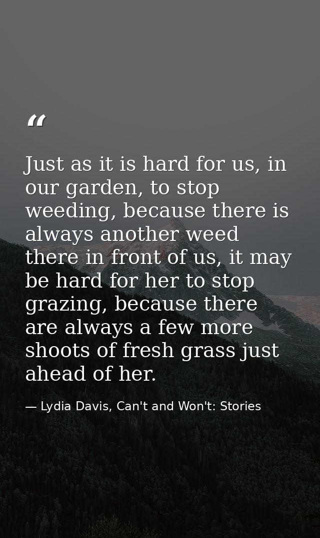 Just as it is hard for us, in our garden, to stop weeding, because there is always another weed there in front of us, it — Lydia Davis, Can't and Won't: Stories