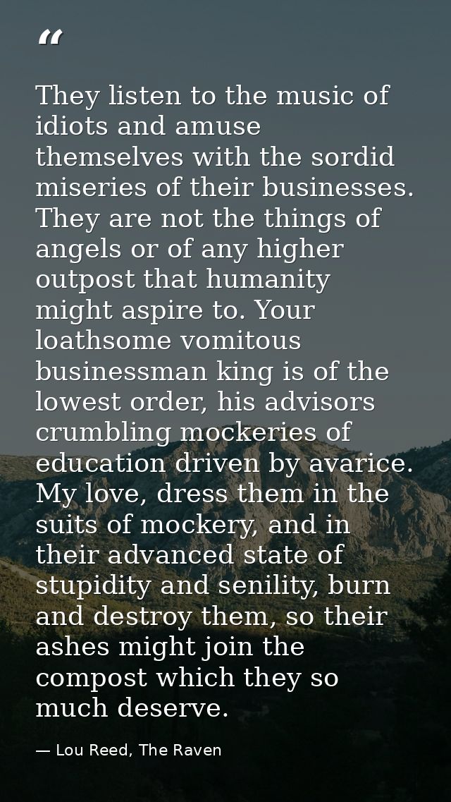 They listen to the music of idiots and amuse themselves with the sordid miseries of their businesses. They are not the t — Lou Reed, The Raven