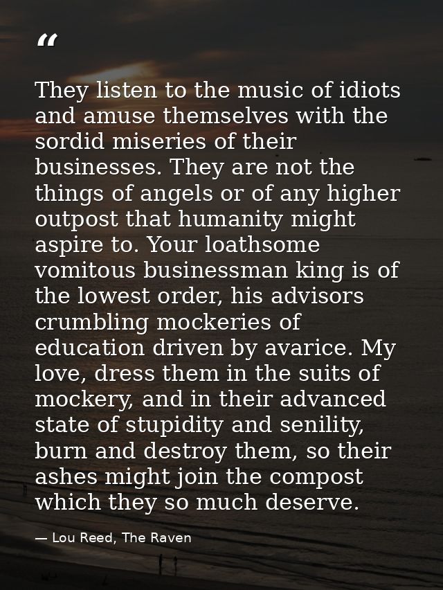 They listen to the music of idiots and amuse themselves with the sordid miseries of their businesses. They are not the t — Lou Reed, The Raven