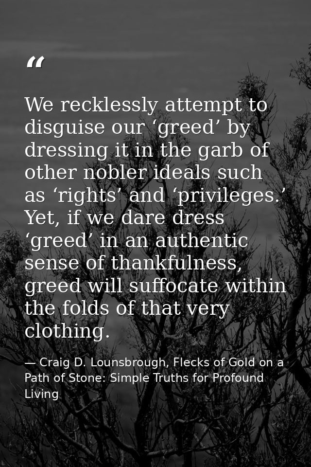 We recklessly attempt to disguise our ‘greed’ by dressing it in the garb of other nobler ideals such as ‘rights’ and ‘pr — Craig D. Lounsbrough, Flecks of Gold on a Path of Stone: Simple Truths for Profound Living