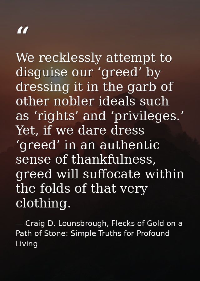 We recklessly attempt to disguise our ‘greed’ by dressing it in the garb of other nobler ideals such as ‘rights’ and ‘pr — Craig D. Lounsbrough, Flecks of Gold on a Path of Stone: Simple Truths for Profound Living