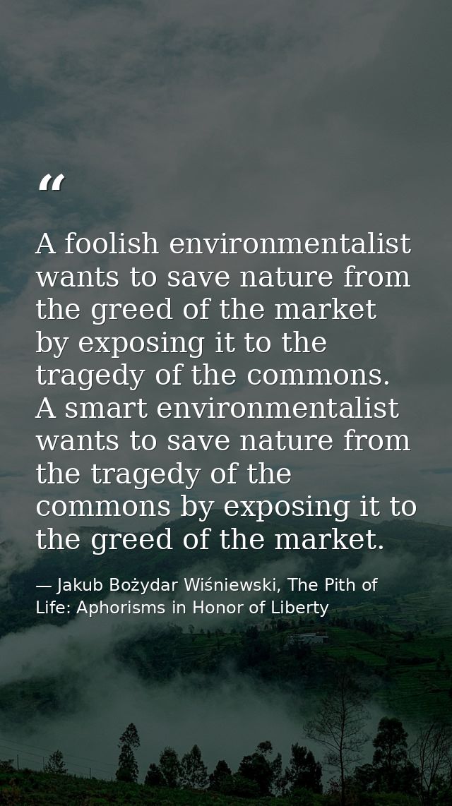 A foolish environmentalist wants to save nature from the greed of the market by exposing it to the tragedy of the common — Jakub Bożydar Wiśniewski, The Pith of Life: Aphorisms in Honor of Liberty