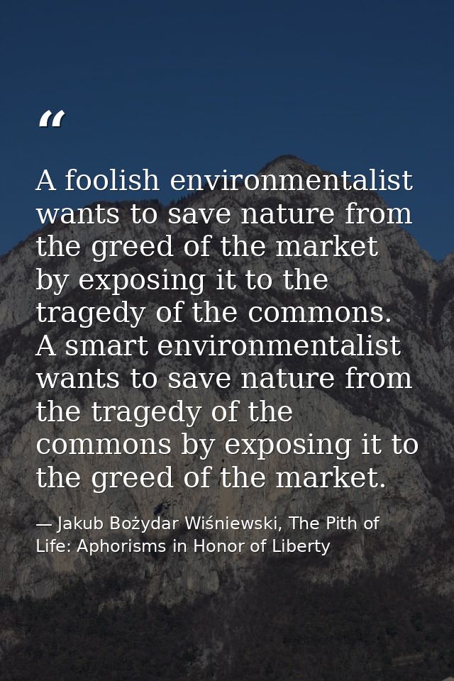 A foolish environmentalist wants to save nature from the greed of the market by exposing it to the tragedy of the common — Jakub Bożydar Wiśniewski, The Pith of Life: Aphorisms in Honor of Liberty