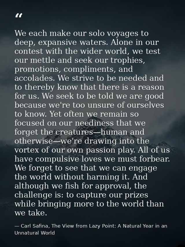 We each make our solo voyages to deep, expansive waters. Alone in our contest with the wider world, we test our mettle a — Carl Safina, The View from Lazy Point: A Natural Year in an Unnatural World