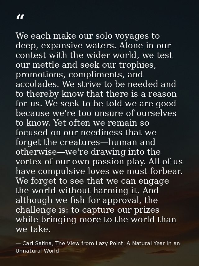 We each make our solo voyages to deep, expansive waters. Alone in our contest with the wider world, we test our mettle a — Carl Safina, The View from Lazy Point: A Natural Year in an Unnatural World