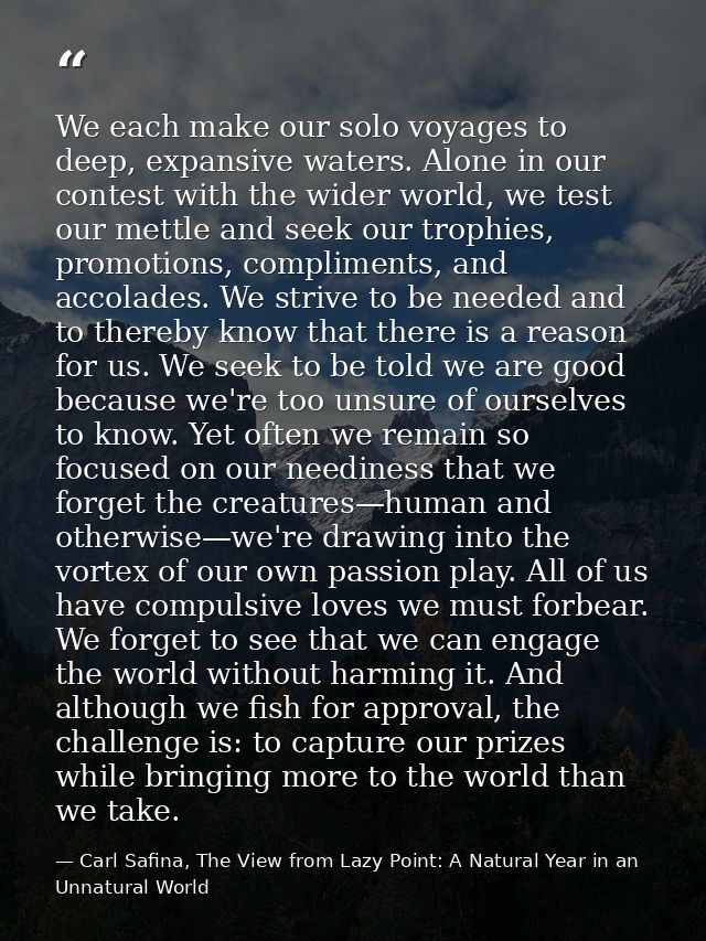 We each make our solo voyages to deep, expansive waters. Alone in our contest with the wider world, we test our mettle a — Carl Safina, The View from Lazy Point: A Natural Year in an Unnatural World