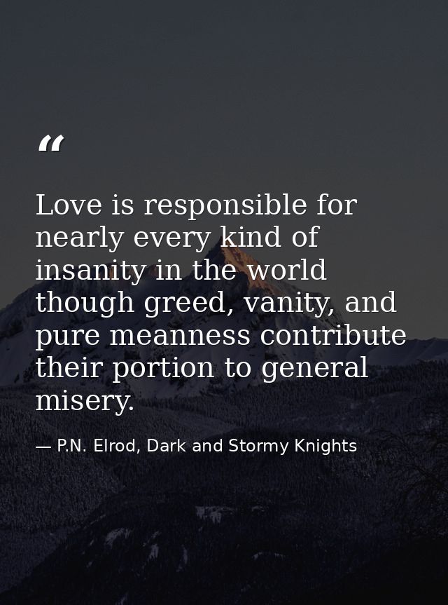 Love is responsible for nearly every kind of insanity in the world though greed, vanity, and pure meanness contribute th — P.N. Elrod, Dark and Stormy Knights