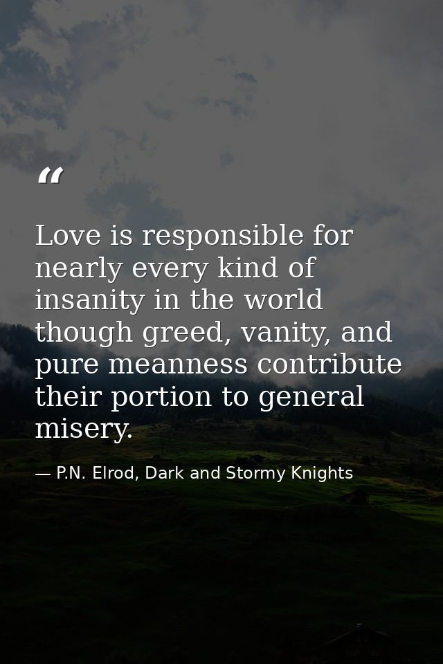Love is responsible for nearly every kind of insanity in the world though greed, vanity, and pure meanness contribute th — P.N. Elrod, Dark and Stormy Knights