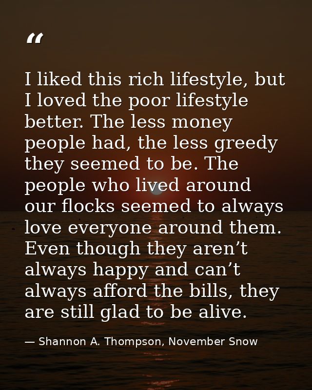 I liked this rich lifestyle, but I loved the poor lifestyle better. The less money people had, the less greedy they seem — Shannon A. Thompson, November Snow