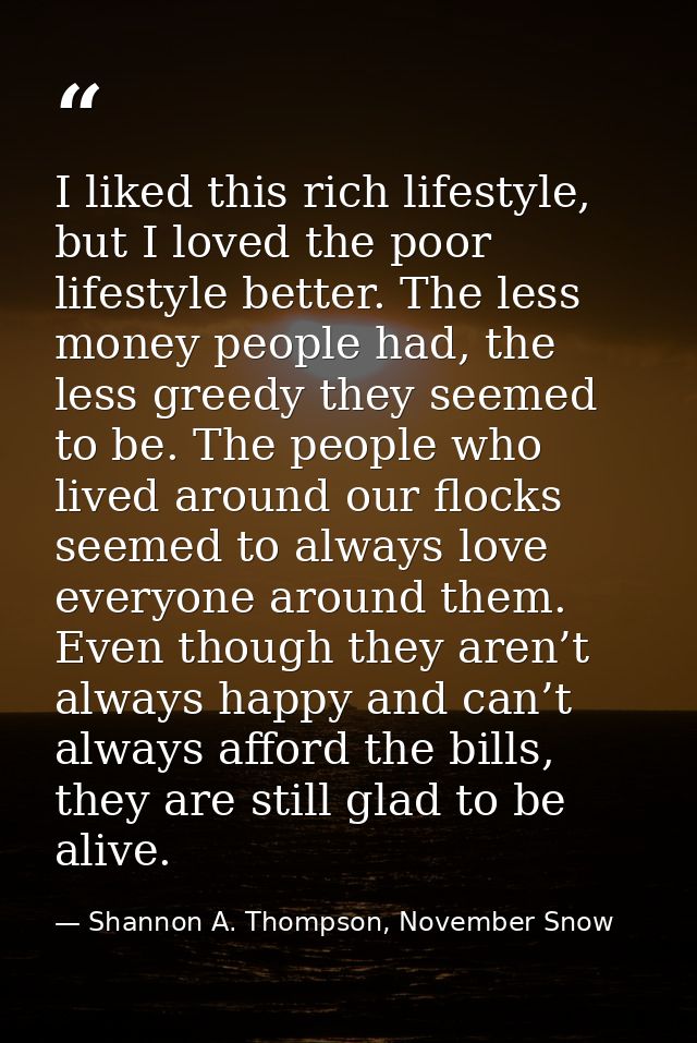 I liked this rich lifestyle, but I loved the poor lifestyle better. The less money people had, the less greedy they seem — Shannon A. Thompson, November Snow