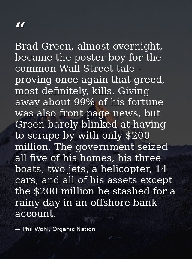 Brad Green, almost overnight, became the poster boy for the common Wall Street tale - proving once again that greed, mos — Phil Wohl, Organic Nation