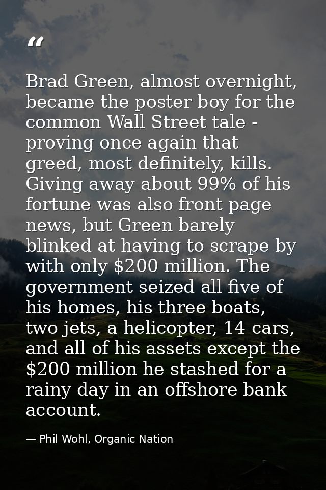Brad Green, almost overnight, became the poster boy for the common Wall Street tale - proving once again that greed, mos — Phil Wohl, Organic Nation