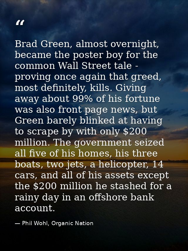 Brad Green, almost overnight, became the poster boy for the common Wall Street tale - proving once again that greed, mos — Phil Wohl, Organic Nation