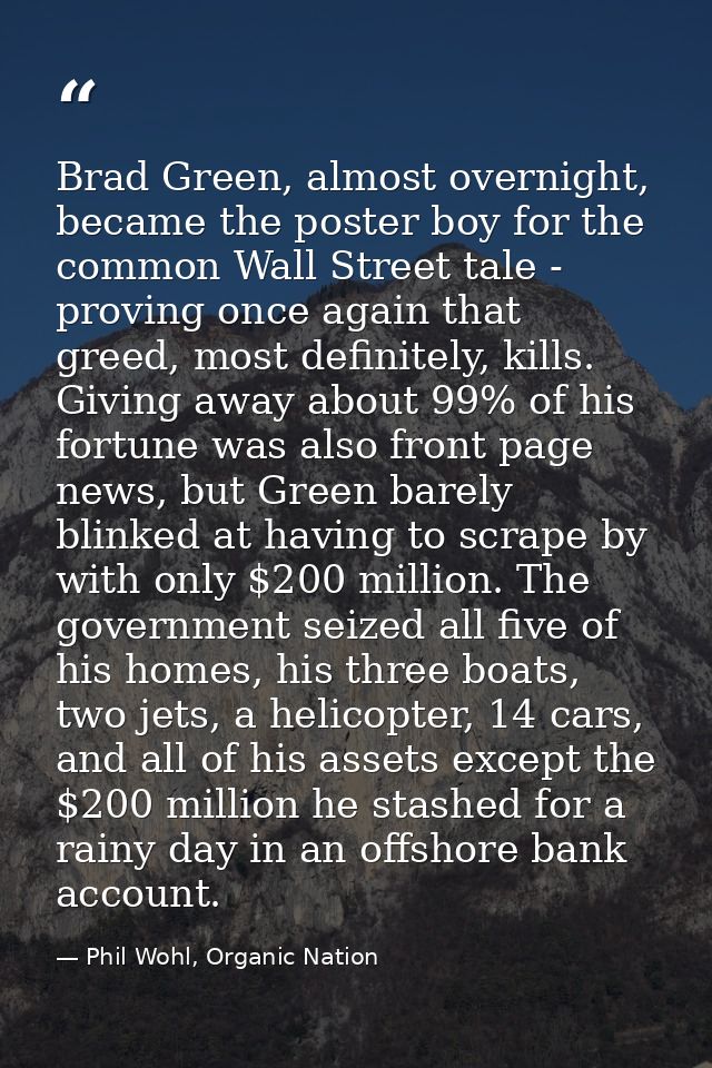 Brad Green, almost overnight, became the poster boy for the common Wall Street tale - proving once again that greed, mos — Phil Wohl, Organic Nation
