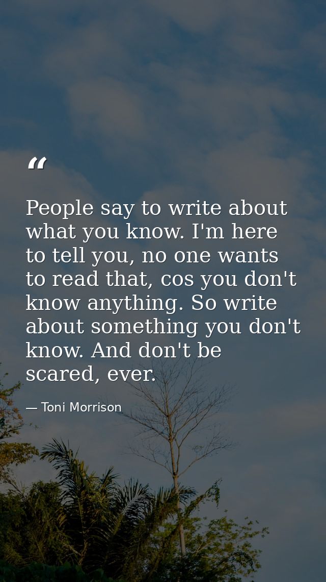 People say to write about what you know. I'm here to tell you, no one wants to read that, cos you don't know anything. S — Toni Morrison