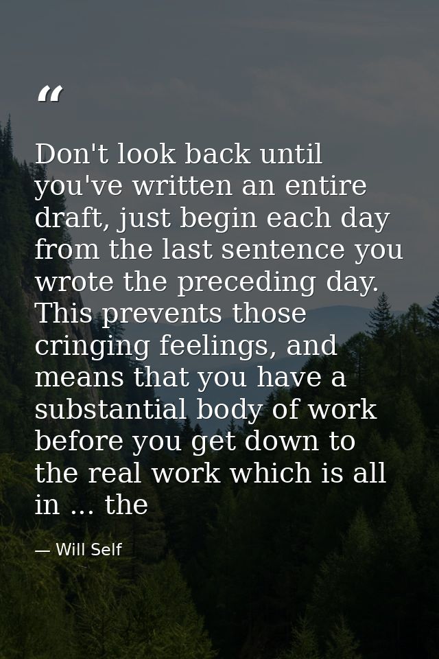 Don't look back until you've written an entire draft, just begin each day from the last sentence you wrote the preceding — Will Self