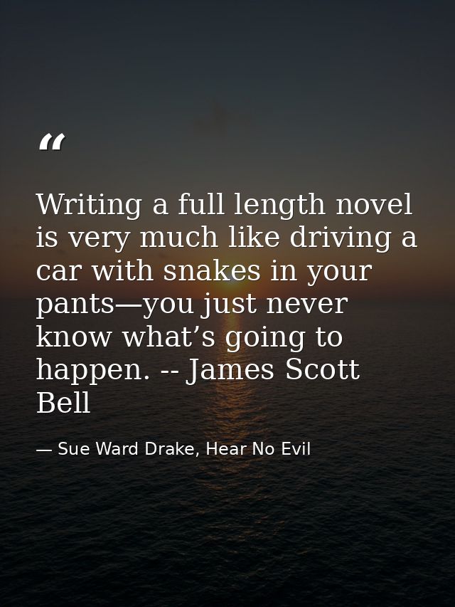 Writing a full length novel is very much like driving a car with snakes in your pants—you just never know what’s going t — Sue Ward Drake, Hear No Evil