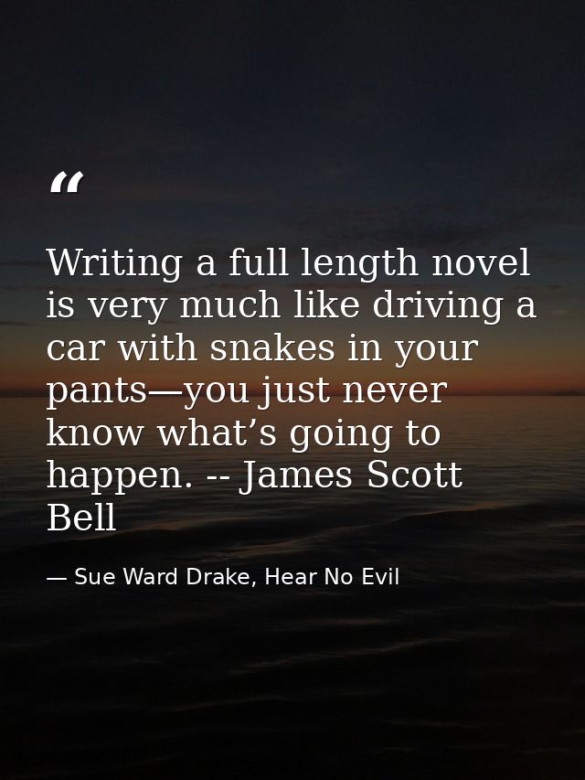 Writing a full length novel is very much like driving a car with snakes in your pants—you just never know what’s going t — Sue Ward Drake, Hear No Evil