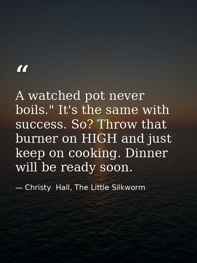 A watched pot never boils." It's the same with success. So? Throw that burner on HIGH and just keep on cooking. Dinner w — Christy  Hall, The Little Silkworm