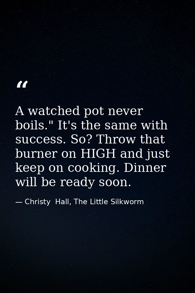 A watched pot never boils." It's the same with success. So? Throw that burner on HIGH and just keep on cooking. Dinner w — Christy  Hall, The Little Silkworm