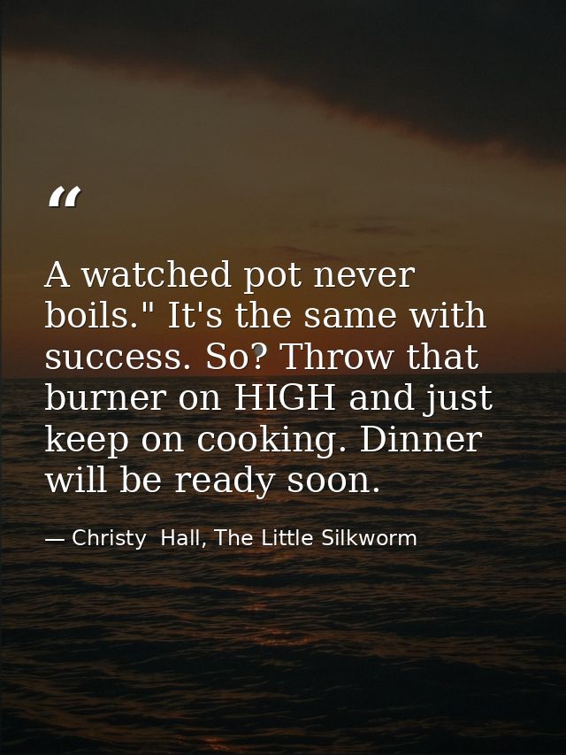 A watched pot never boils." It's the same with success. So? Throw that burner on HIGH and just keep on cooking. Dinner w — Christy  Hall, The Little Silkworm