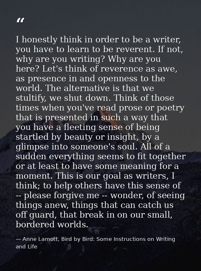 I honestly think in order to be a writer, you have to learn to be reverent. If not, why are you writing? Why are you her — Anne Lamott, Bird by Bird: Some Instructions on Writing and Life