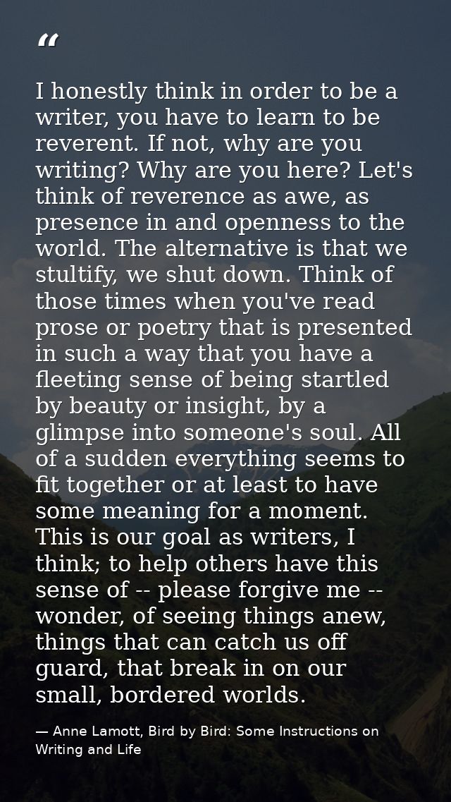 I honestly think in order to be a writer, you have to learn to be reverent. If not, why are you writing? Why are you her — Anne Lamott, Bird by Bird: Some Instructions on Writing and Life