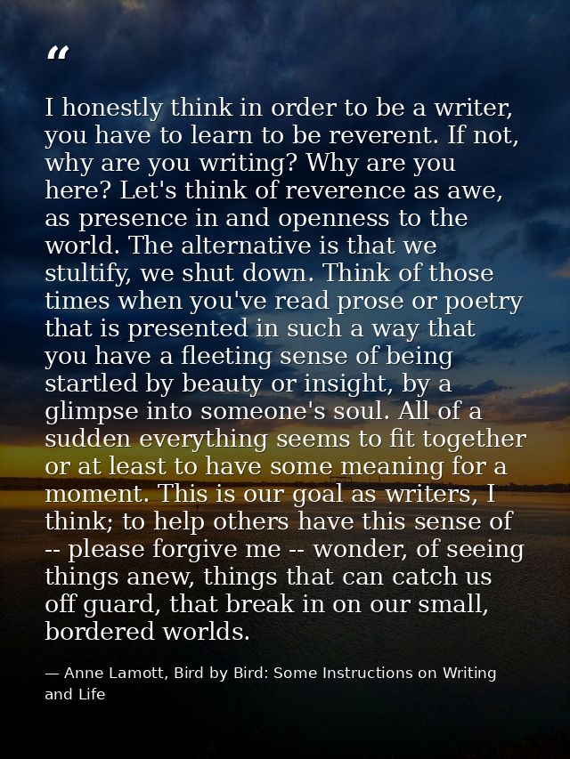 I honestly think in order to be a writer, you have to learn to be reverent. If not, why are you writing? Why are you her — Anne Lamott, Bird by Bird: Some Instructions on Writing and Life