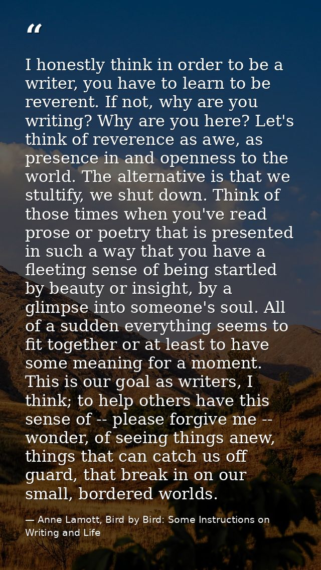 I honestly think in order to be a writer, you have to learn to be reverent. If not, why are you writing? Why are you her — Anne Lamott, Bird by Bird: Some Instructions on Writing and Life